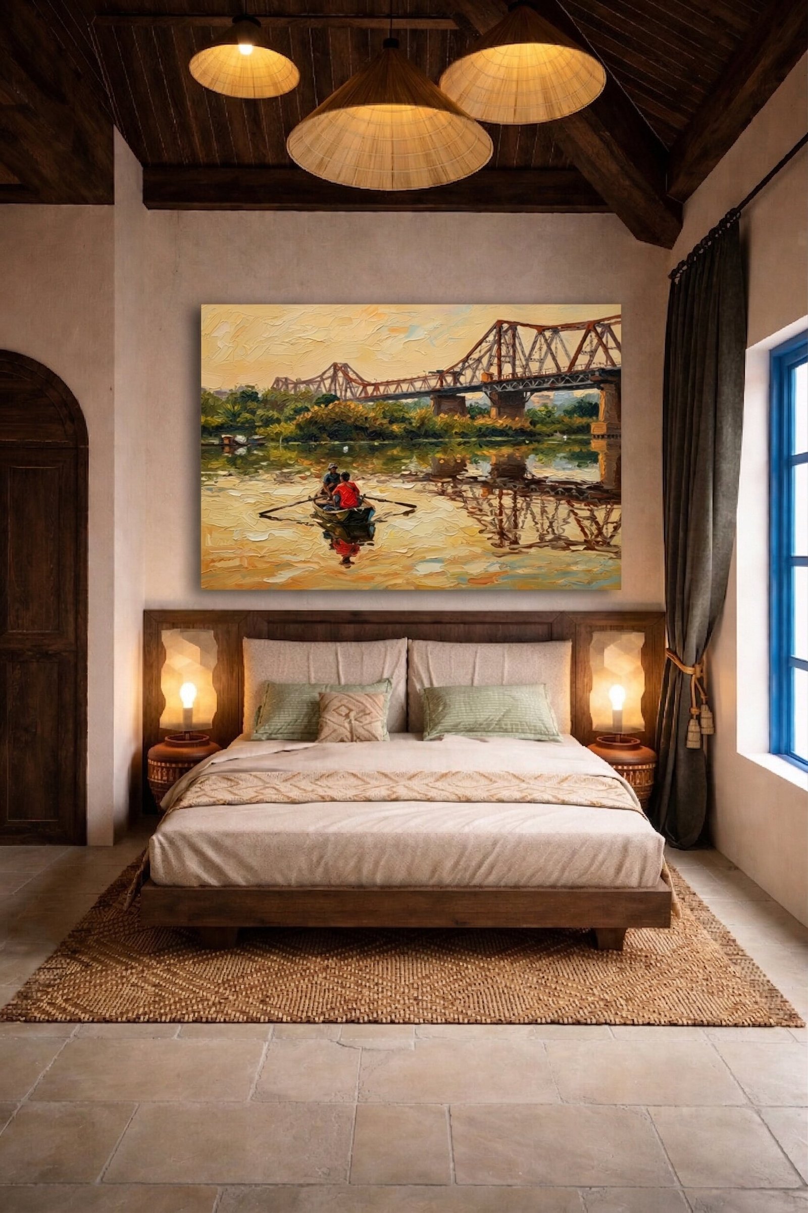 Detail close-up of Long Bien Bridge rowboat painting showing water reflections and impasto texture