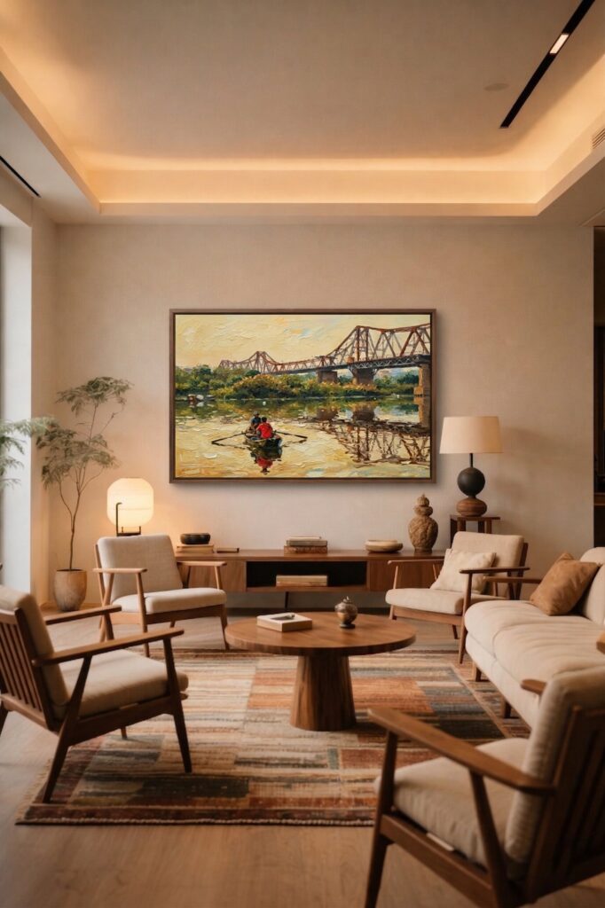 Long Bien Bridge river rowboat oil painting displayed as wall decor in modern room setting
