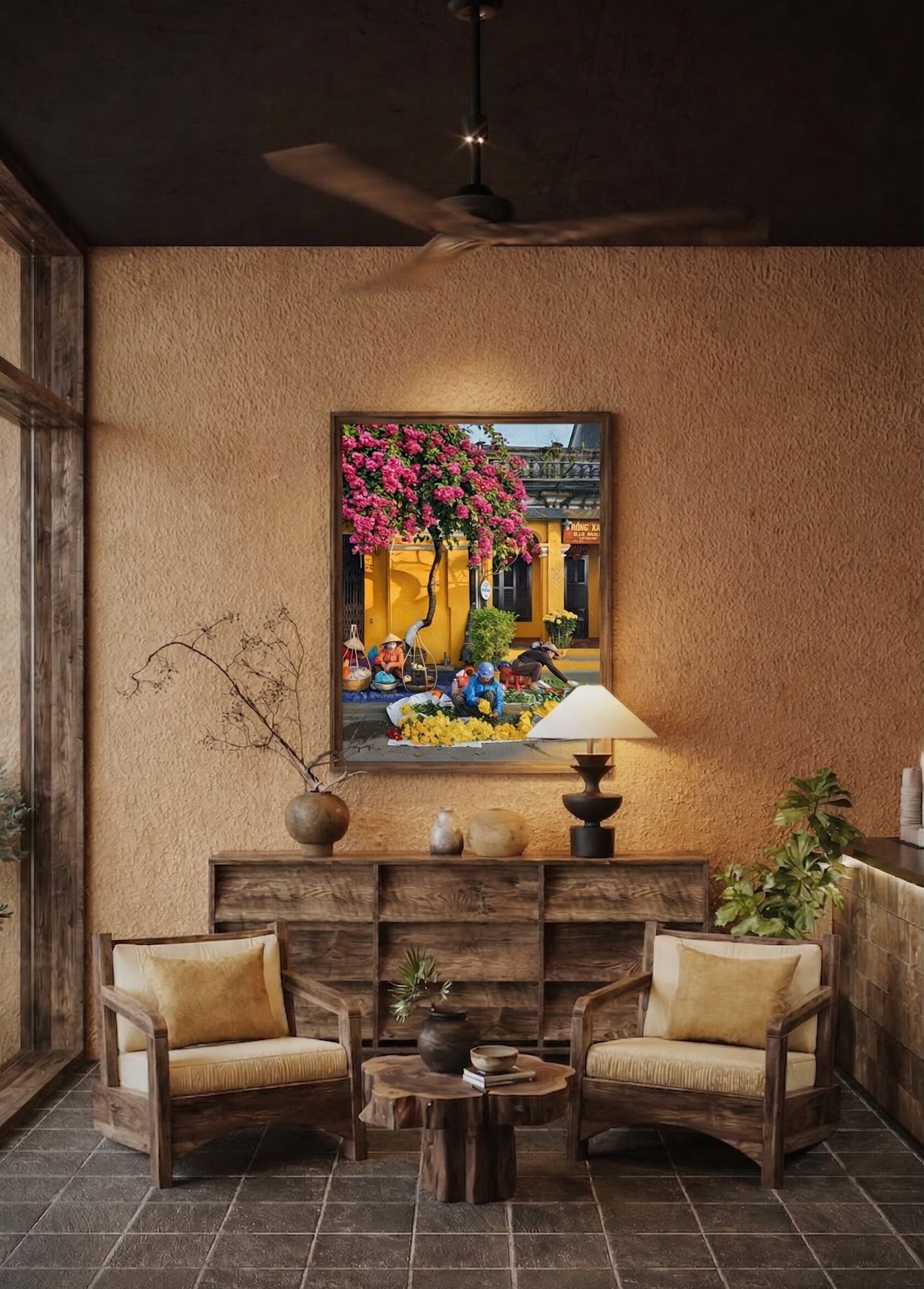 Detail close-up of Hoi An bougainvillea painting showing pink flowers and impasto brushwork