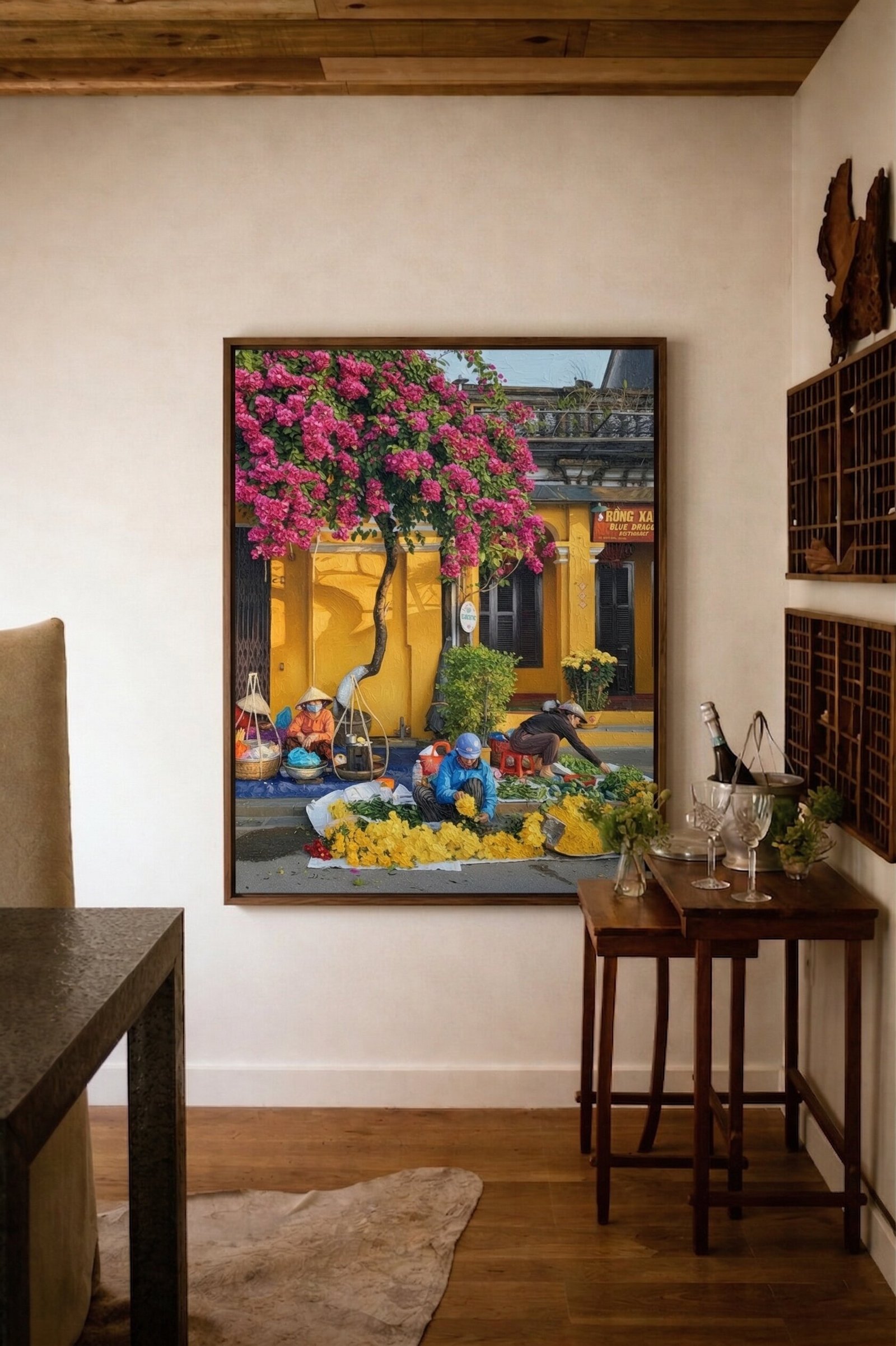 Hoi An bougainvillea street oil painting displayed as wall decor in modern living room setting
