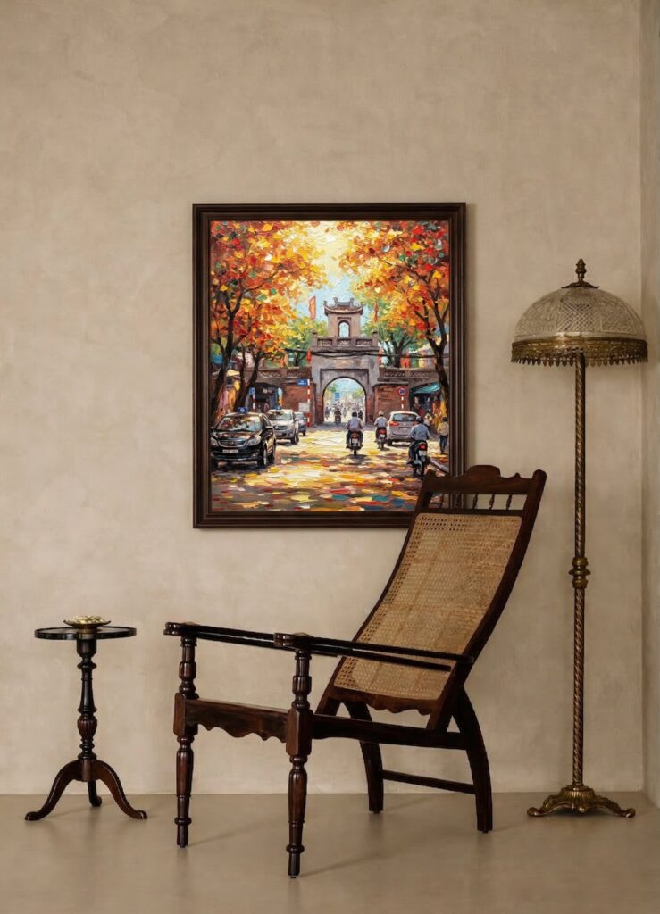 Hanoi Old Quarter street life oil painting displayed as wall decor in modern room setting