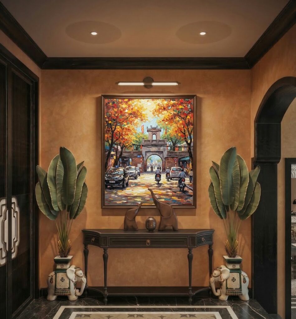 Detail close-up of O Quan Chuong gate painting showing brick texture and autumn leaf impasto