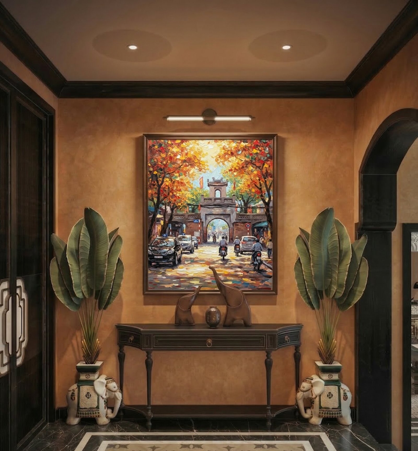 Detail close-up of O Quan Chuong gate painting showing brick texture and autumn leaf impasto