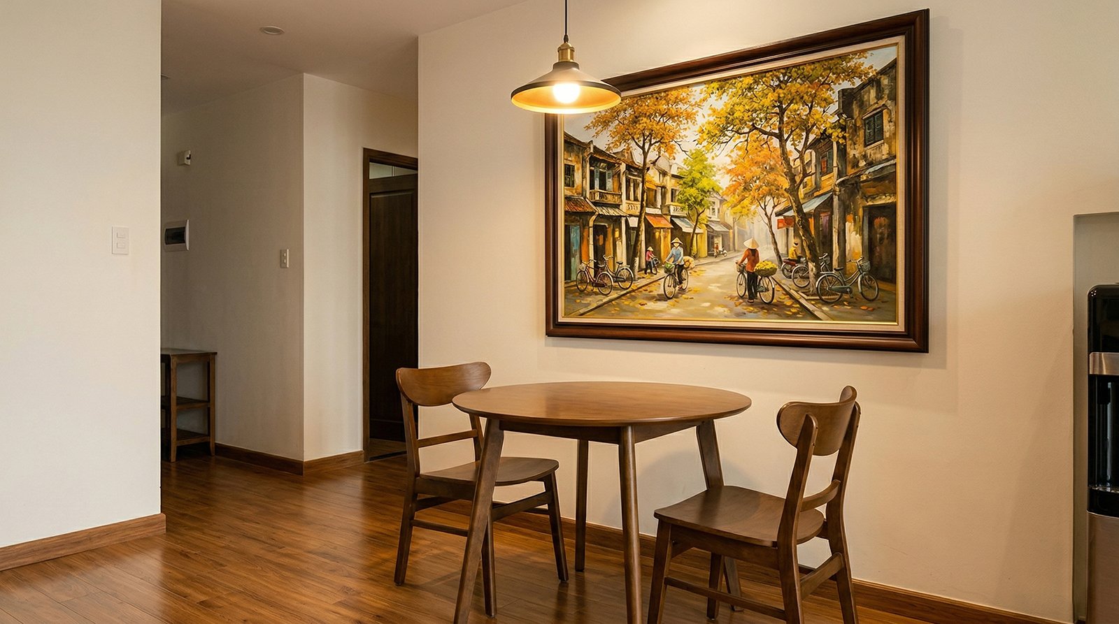 Vietnamese oil painting of Hanoi Old Quarter street scene displayed in a modern dining room
