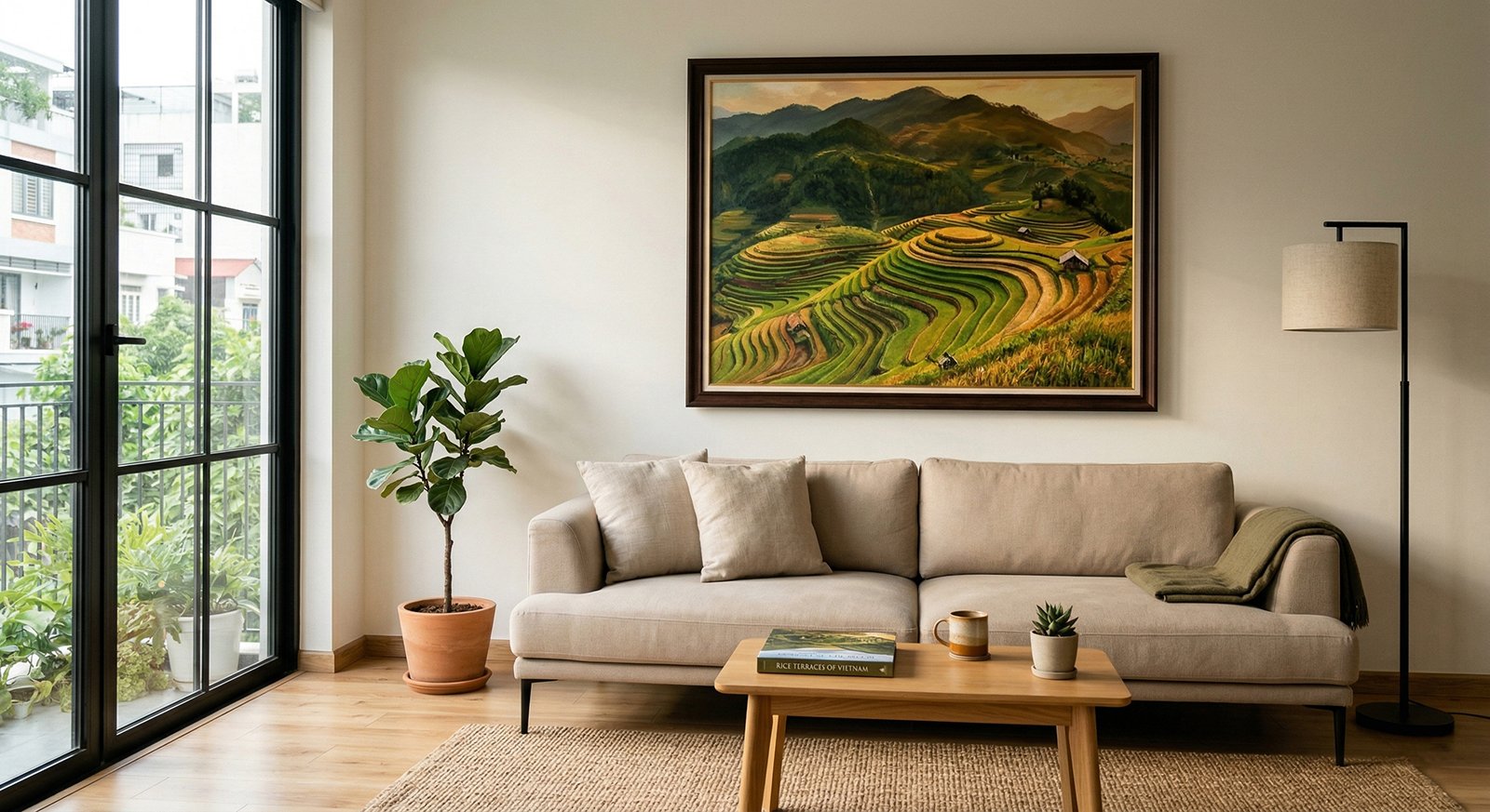 Vietnamese oil painting of Sapa rice terraces hanging above a sofa in a modern living room