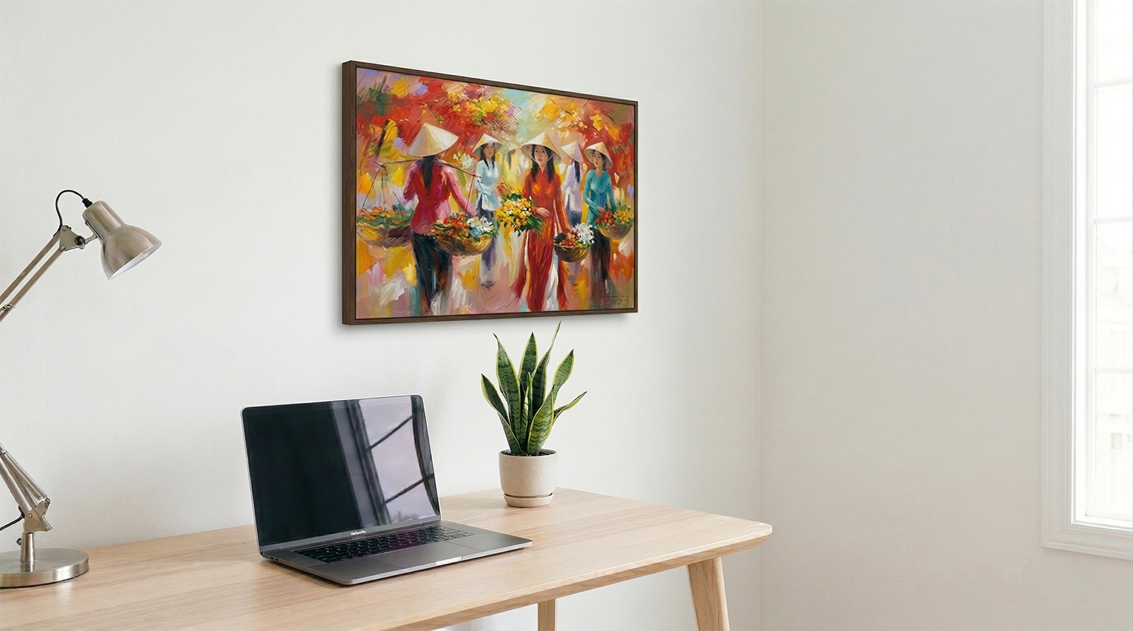 Colorful Vietnamese oil painting of ao dai women with flowers displayed in a home office